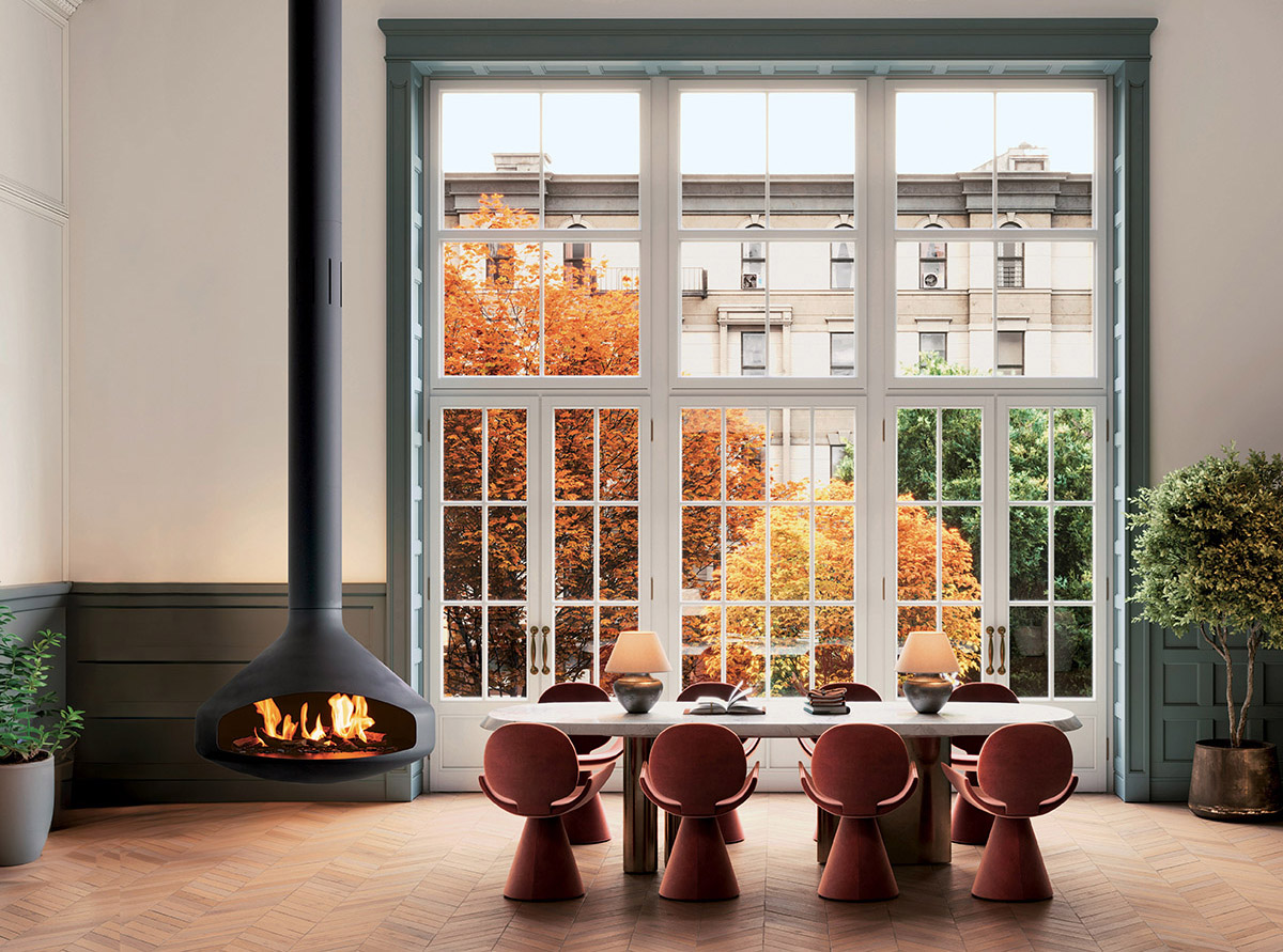 3D rendering of a dining area with french doors focus raam